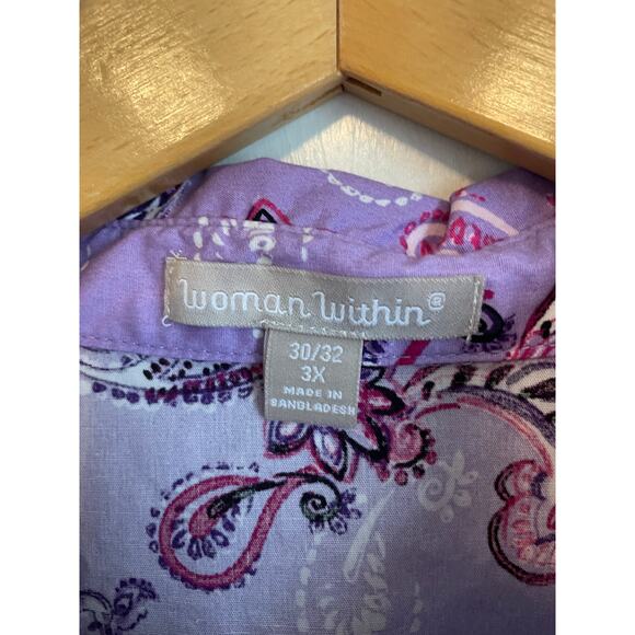 Woman Within Perfect Short Sleeve Shirt button up collar purple paisley 3X 30-32 - Picture 6 of 8